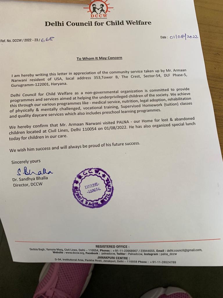 Delhi Council for Child Welfare recognition letter